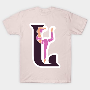 Sports yoga women in letter L Sticker design vector illustration. Alphabet letter icon concept. Sports young women doing yoga exercises with letter L sticker design logo icons. T-Shirt